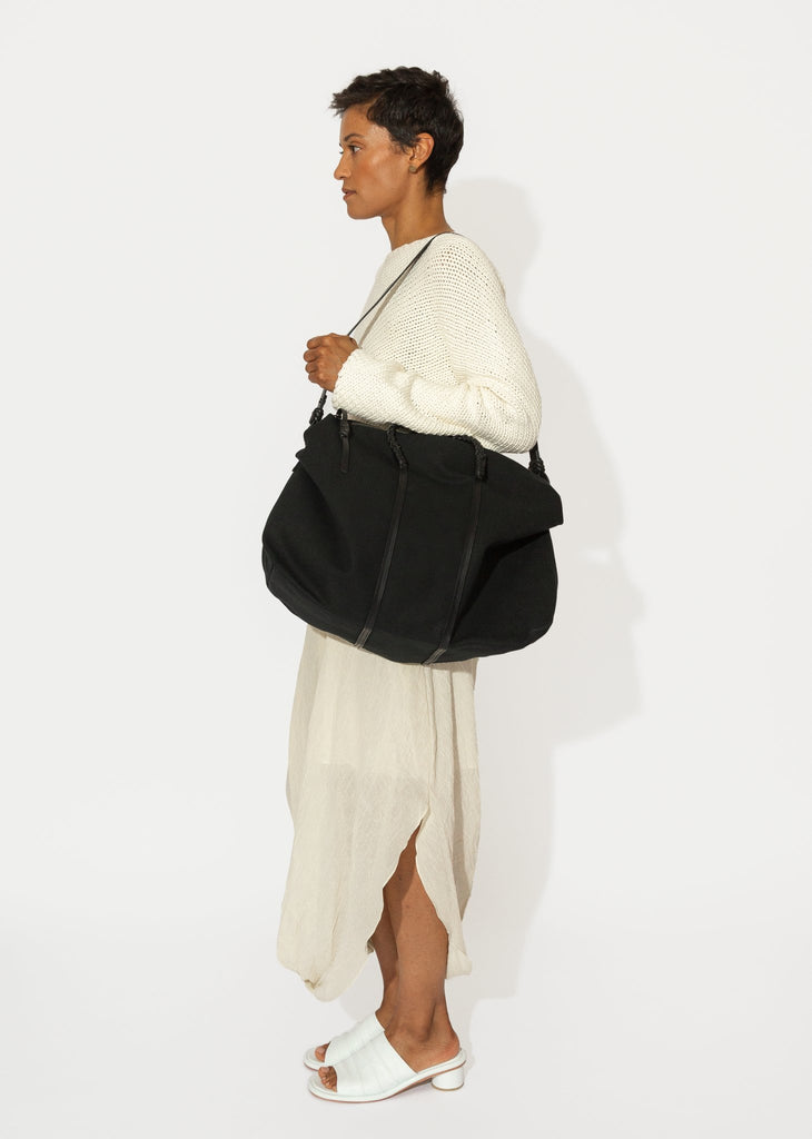Kamaro'an_Woven Duffel Bag 45 in Black Cotton/Italian Leather_Bags_ - Finefolk
