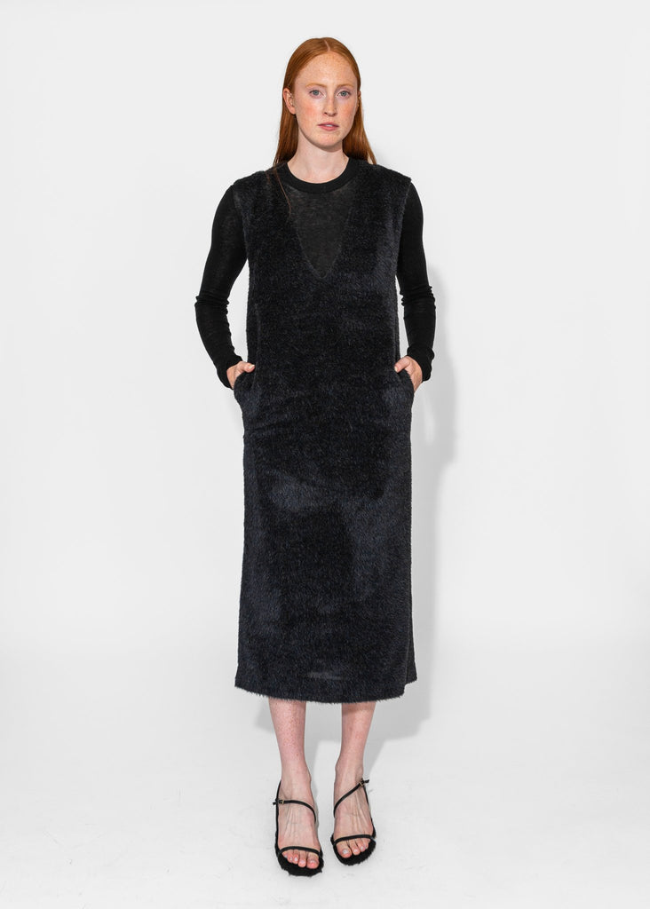 Sayaka Davis_Eco Fur Deep V Dress in Black_Dress_XS - Finefolk