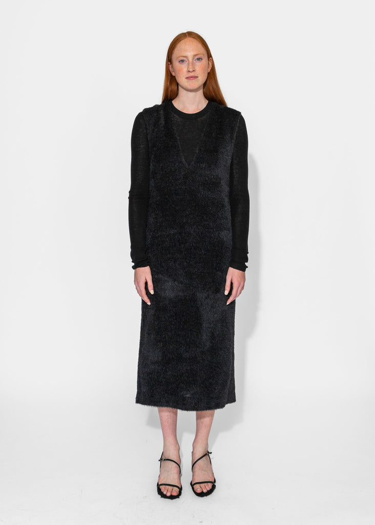 Sayaka Davis_Eco Fur Deep V Dress in Black_Dress_XS - Finefolk