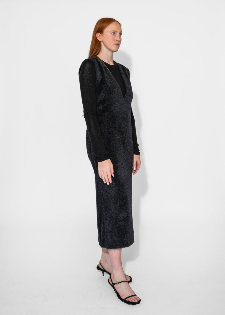 Sayaka Davis_Eco Fur Deep V Dress in Black_Dress_XS - Finefolk