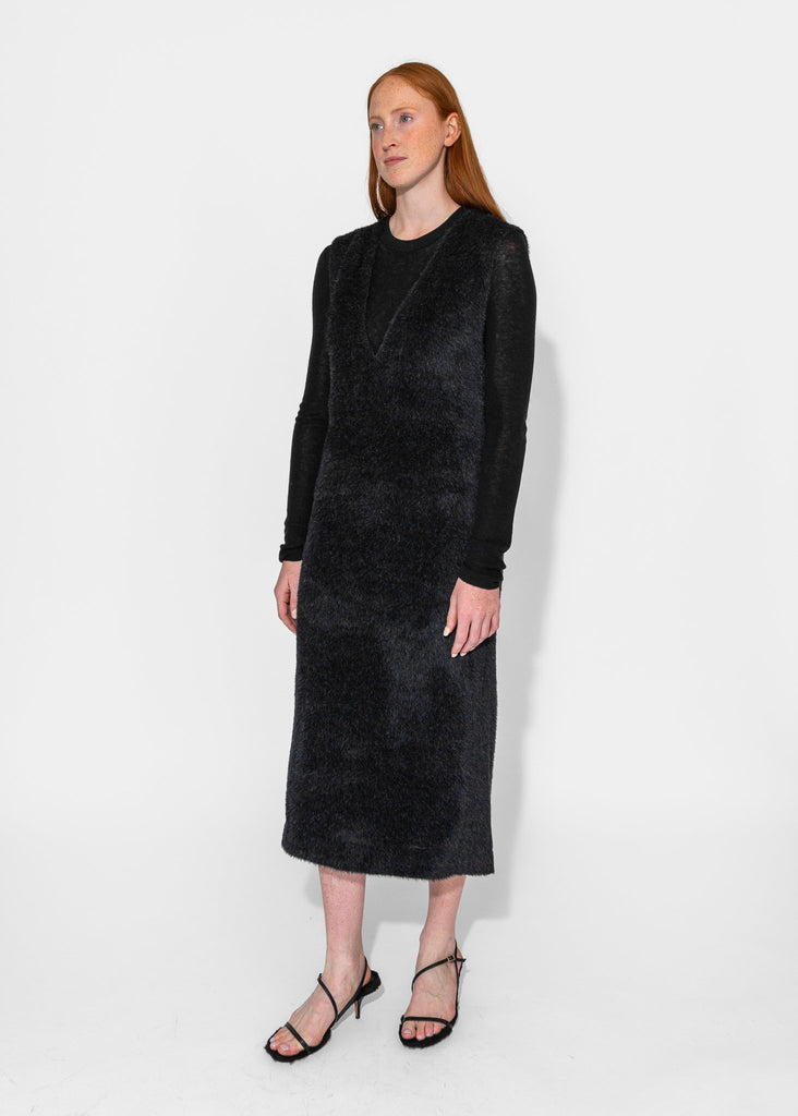 Sayaka Davis_Eco Fur Deep V Dress in Black_Dress_XS - Finefolk