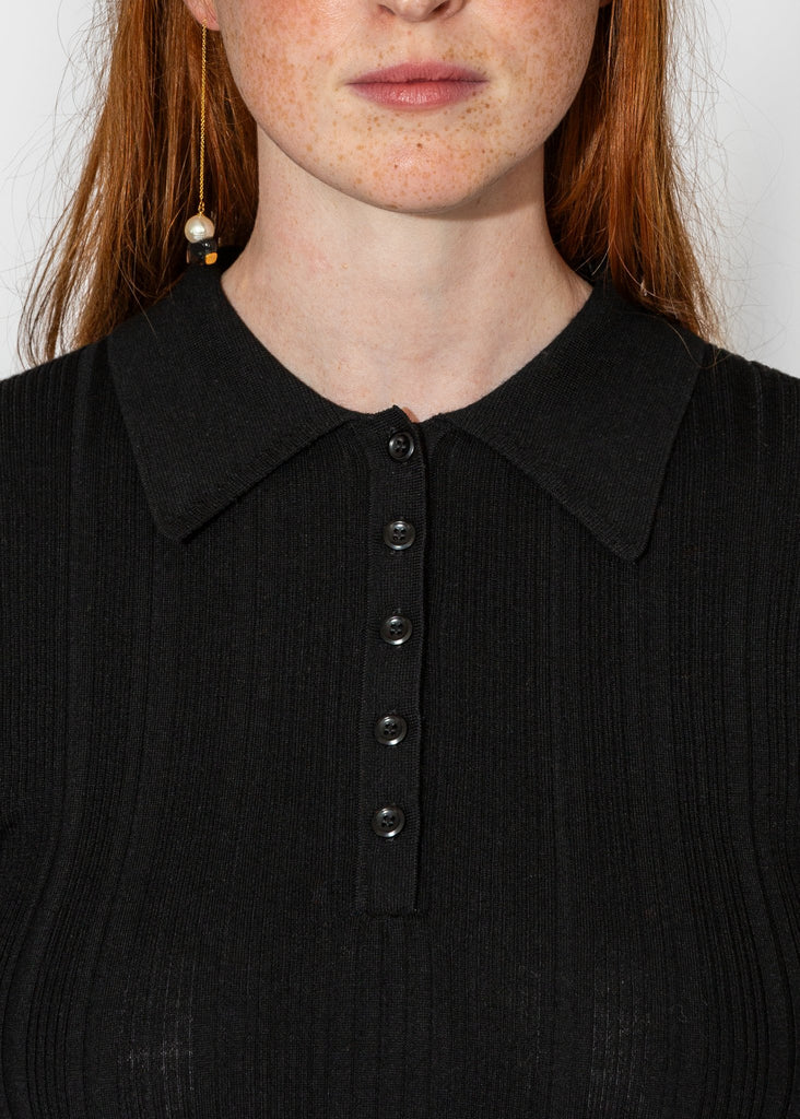 Sayaka Davis_Ribbed Knit Polo in Black_Tops_XS - Finefolk