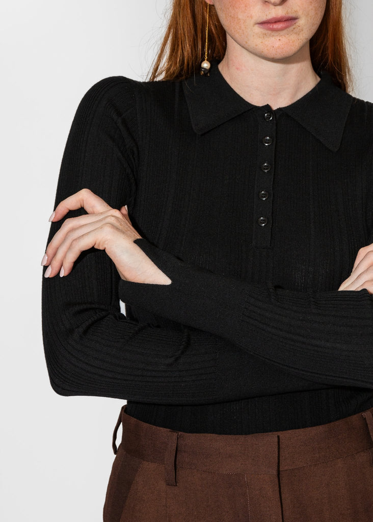 Sayaka Davis_Ribbed Knit Polo in Black_Tops_XS - Finefolk