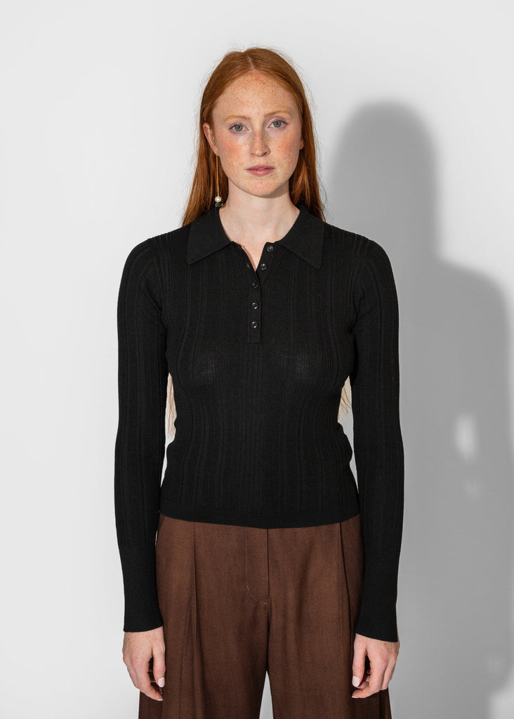 Sayaka Davis_Ribbed Knit Polo in Black_Tops_XS - Finefolk