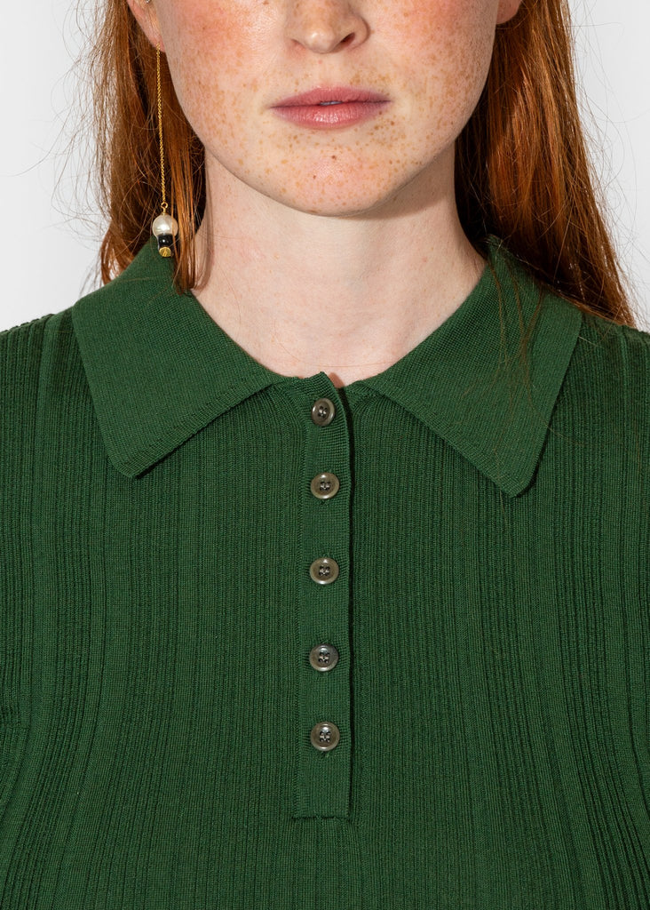 Sayaka Davis_Ribbed Knit Polo in Pine_Tops_XS - Finefolk