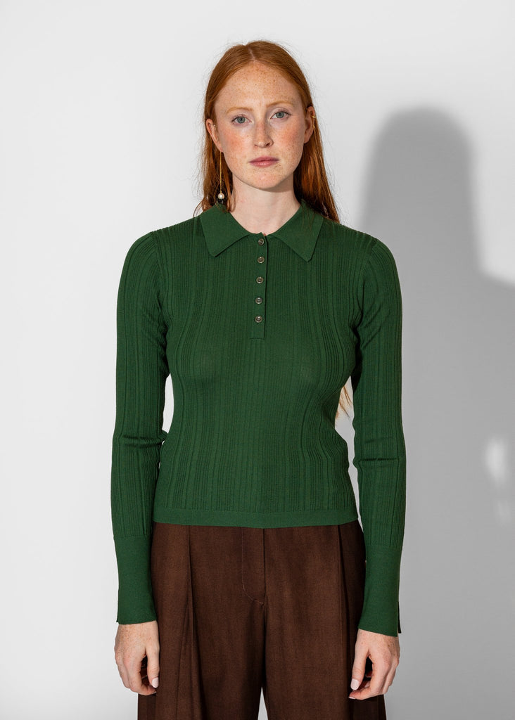 Sayaka Davis_Ribbed Knit Polo in Pine_Tops_XS - Finefolk