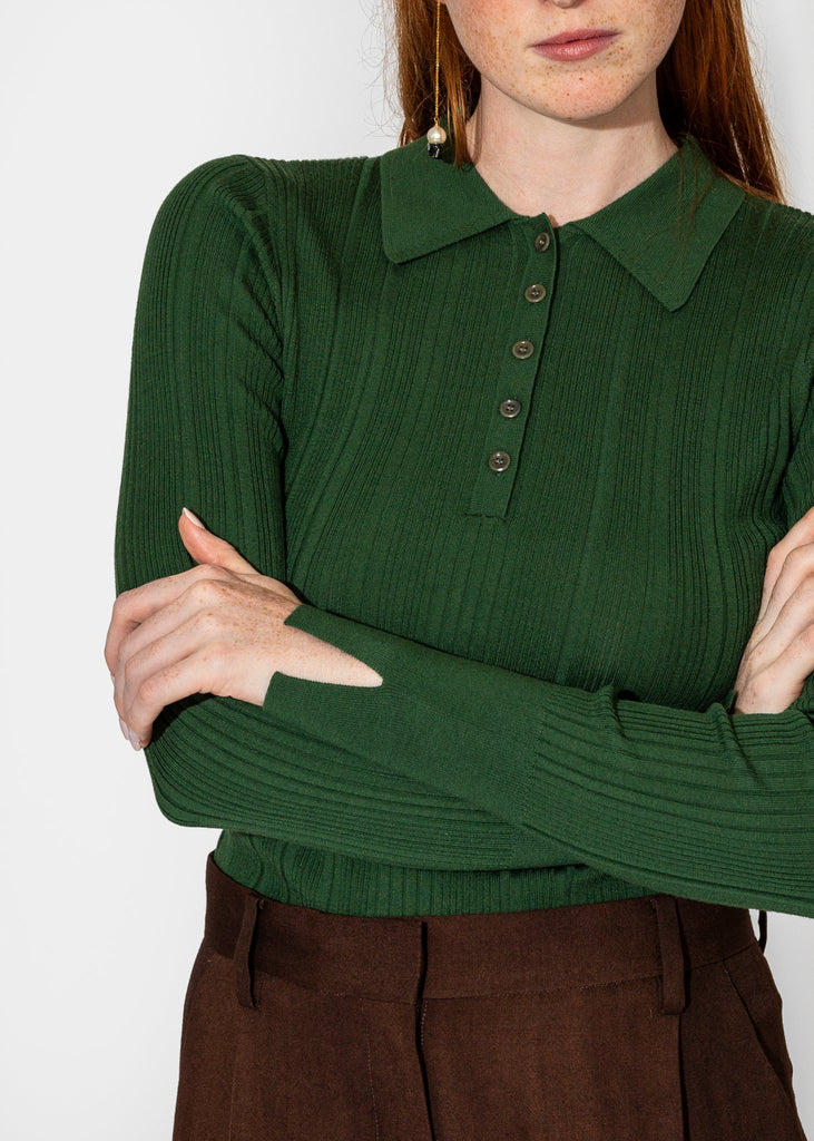 Sayaka Davis_Ribbed Knit Polo in Pine_Tops_XS - Finefolk